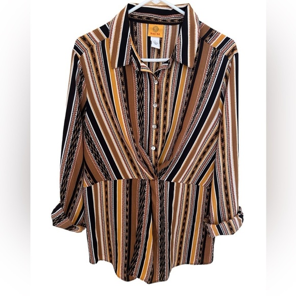 Ruby Red Tunic Blouse Size Large Women's Split Button Mixed Striped Butt… - Picture 2 of 7